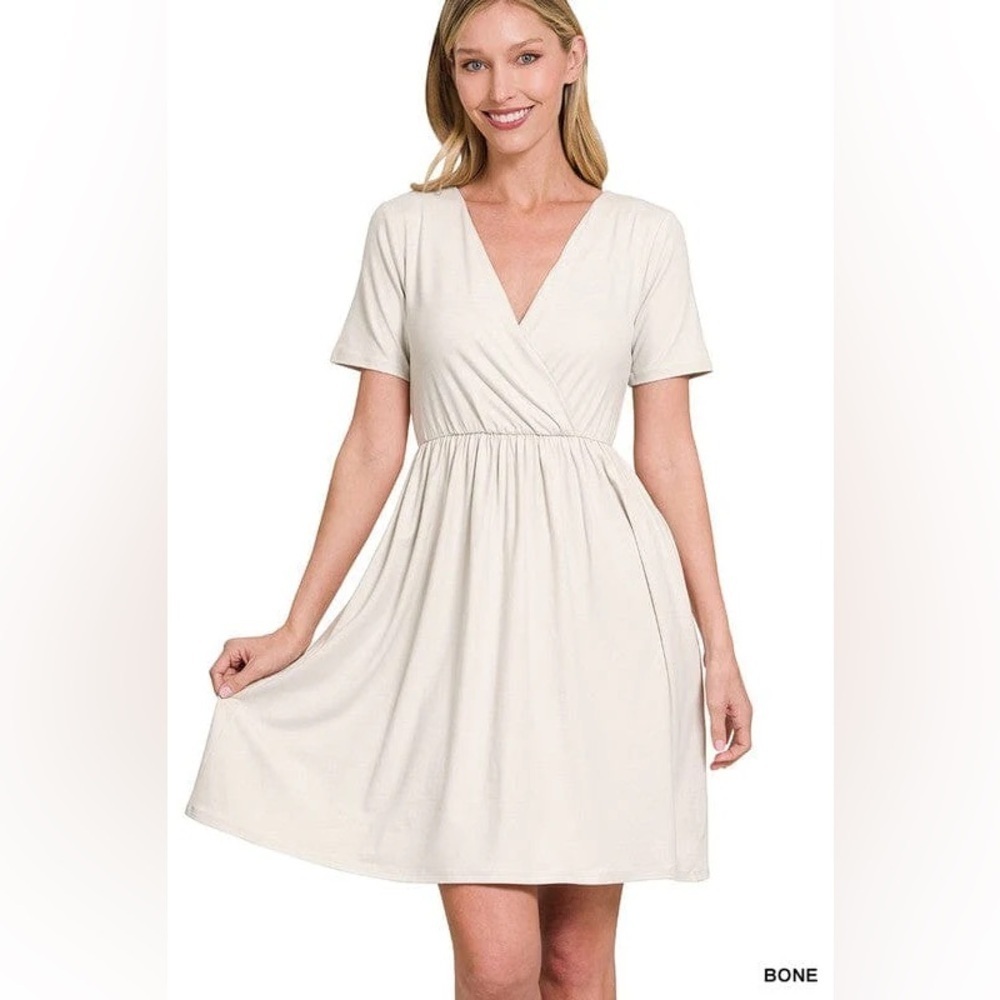 Zenana Off White Short Sleeve Surplice Brushed DTY Buttery Soft Dress Size Large - Picture 1 of 8